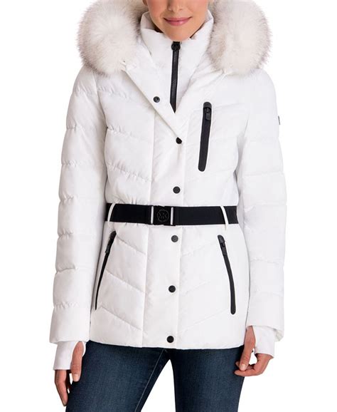 michael michael kors faux fur trimmed hood belted coat|michael kors hooded faux fur trim quilted belted puffer coat.